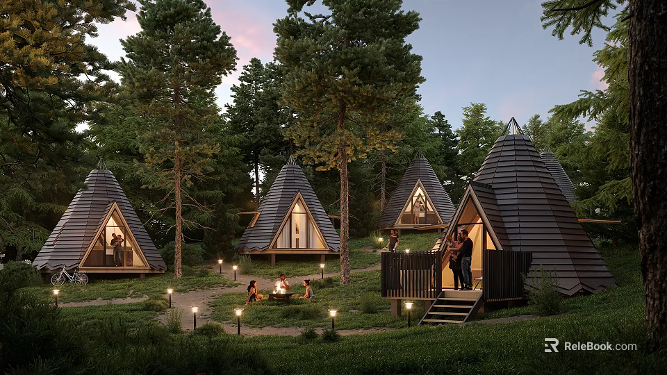 Forest Glamping Site With Pyramid Tents Evening Lighting And People Gathering In Nature 3d model 