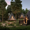 Forest Glamping Site With Pyramid Tents Evening Lighting And People Gathering In Nature