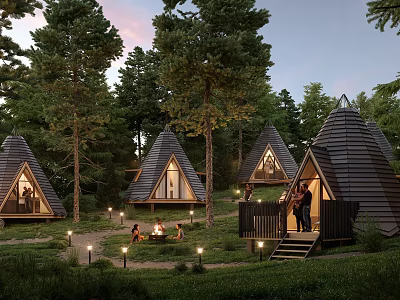 Forest Glamping Site With Pyramid Tents Evening Lighting And People Gathering In Nature 3d model
