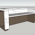 Modern Brown Reception Desk With Wood Grain Surface And Metal Grid Panel