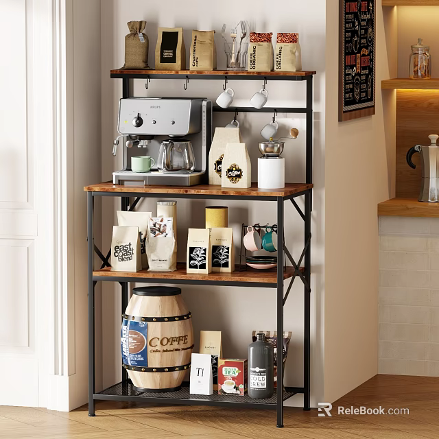 Multi Tier Wood And Metal Shelf With Coffee Machine Bags And Mugs In Kitchen 3d model 