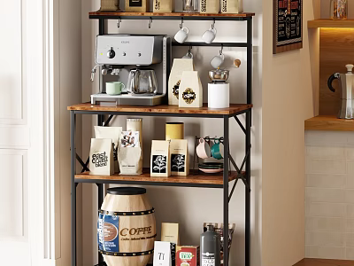 Multi Tier Wood And Metal Shelf With Coffee Machine Bags And Mugs In Kitchen 3d model