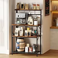 Multi Tier Wood And Metal Shelf With Coffee Machine Bags And Mugs In Kitchen