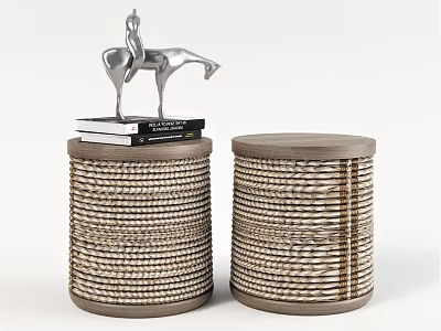 Woven Design Side Tables in Neutral Tone with Silver Horse Figurine and Stack of Books 3d model