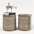 Woven Design Side Tables in Neutral Tone with Silver Horse Figurine and Stack of Books