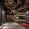 Elegant Restaurant Interior Featuring Spiral Ceiling Red Chairs Round Tables Wooden Stone Walls