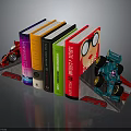 Vibrant Colorful Books Display With Red And Blue Race Car Models And Toy Bookends