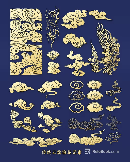 Traditional Golden Cloud and Dragon Pattern Wall Decor with Blue Background 3d model