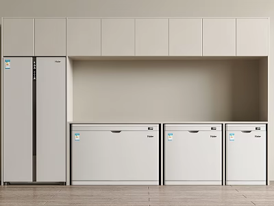 Modern Kitchen Interior Design With Refrigerator And Multiple Built in Freezers 3d model