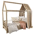 Cozy Kids Bed With Canopy Beige Curtains Star Garland And Patterned Pillows