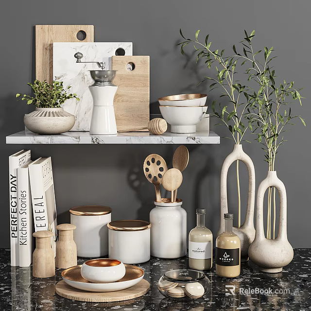 Stylish Kitchenware Arrangement On Shelf With Jars Grinder And Wooden Spoons 3d model 