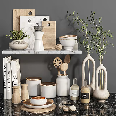Stylish Kitchenware Arrangement On Shelf With Jars Grinder And Wooden Spoons 3d model