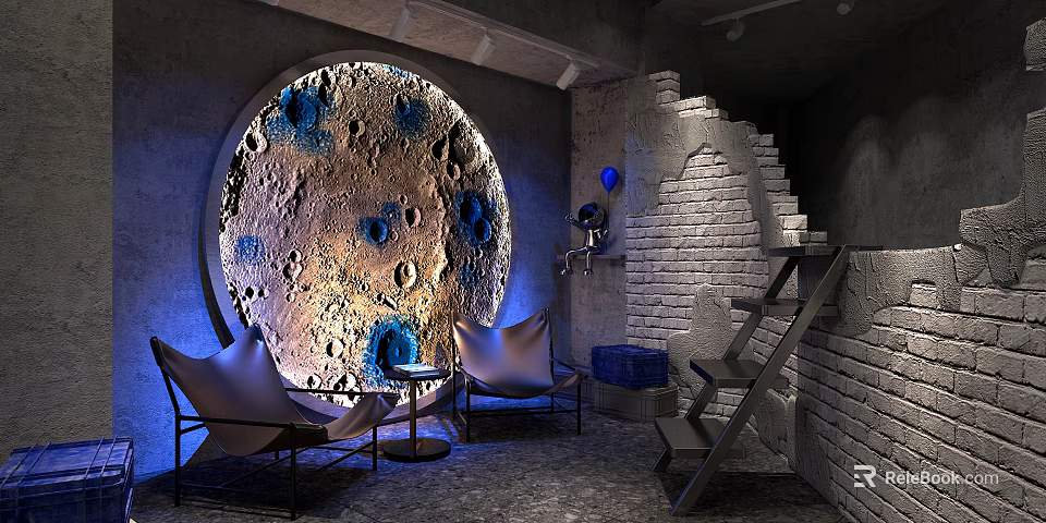 Stylish Lounge Area With Moon Themed Wall Cozy Chairs And Brick Wall Lighting 3d model 