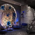 Stylish Lounge Area With Moon Themed Wall Cozy Chairs And Brick Wall Lighting