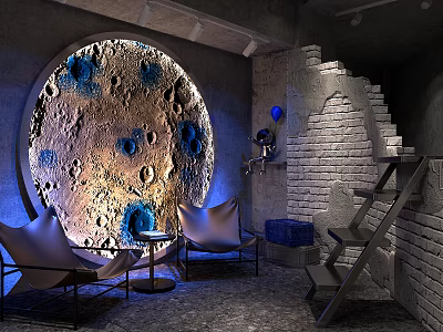 Stylish Lounge Area With Moon Themed Wall Cozy Chairs And Brick Wall Lighting 3d model