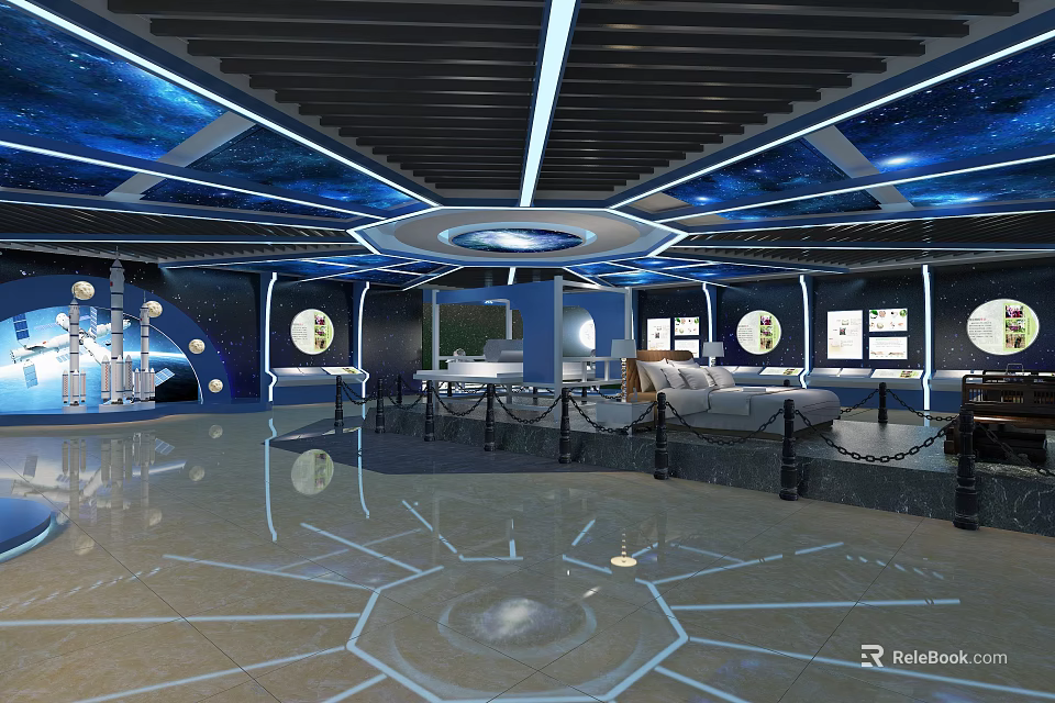 Futuristic Space Themed Exhibition Hall Interior With Starry Ceiling And Circular Design 3d model