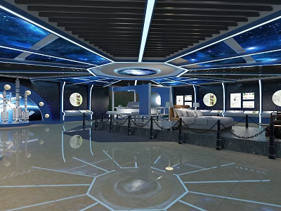 Futuristic Space Themed Exhibition Hall Interior With Starry Ceiling And Circular Design 3d model