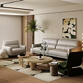 Modern Beige Sofa and White Coffee Table Set with Rug Stools Palm Plant and Artwork