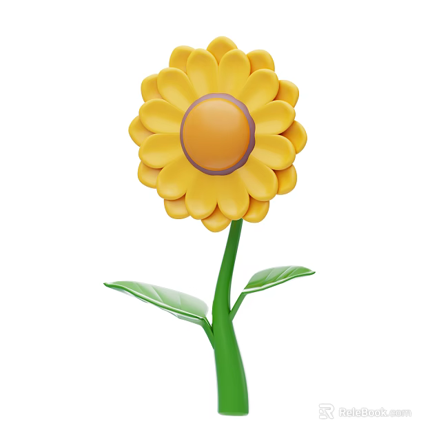 Vibrant Yellow Flower With Orange Center Green Stem And Leaves 3d model 