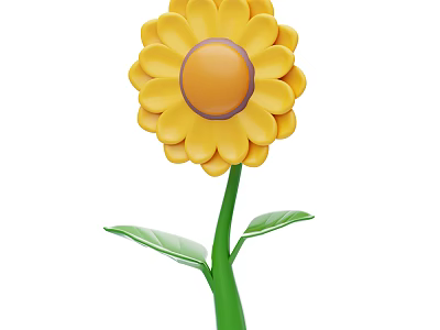 Vibrant Yellow Flower With Orange Center Green Stem And Leaves 3d model