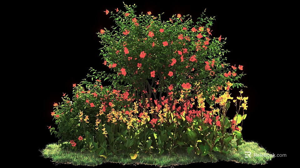 Vibrant Shrub With Red And Yellow Flowers Green Leaves And Grassy Base 3d model 