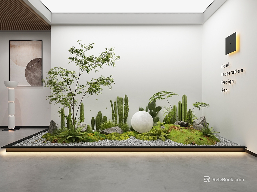 Modern Indoor Landscape With Tree Cacti White Spherical Decoration Grass Stones And Lighting 3d model 