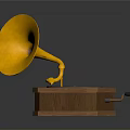 Vintage Gramophone Design With Golden Horn Wooden Base Vinyl Record And Hand Crank