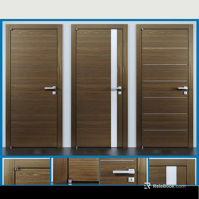 Modern Wooden Hinged Door Designs With Striped Panels And Metal Handles 3d model 