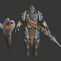 Armored Fantasy Warrior Character With Blue Purple Gold Decorations Holding Shield And Spear