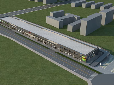 Modern Commercial Street Building With Surrounding Structures Road And Green Grass Areas 3d model