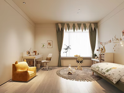 Cozy Kids Room Interior With Yellow Chair Desk Rug Bed And Window Decorations 3d model