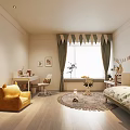 Cozy Kids Room Interior With Yellow Chair Desk Rug Bed And Window Decorations