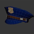 Blue Police Hat With Gold Badge And Brown Leather Strap Design