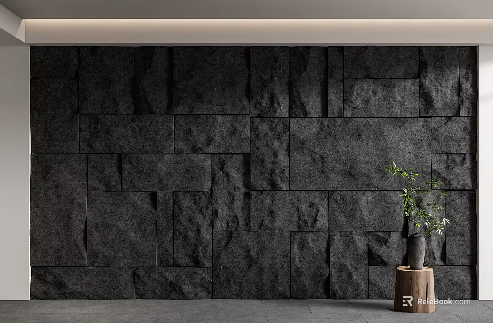 Natural Stone Wall Interior With Wooden Stump And Green Plant Decor 3d model 