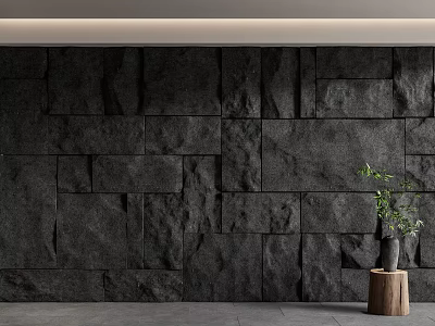 Natural Stone Wall Interior With Wooden Stump And Green Plant Decor 3d model