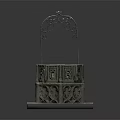 Garden Ornament Stone Well Shaped Structure With Carved Patterns And Iron Arch Decoration