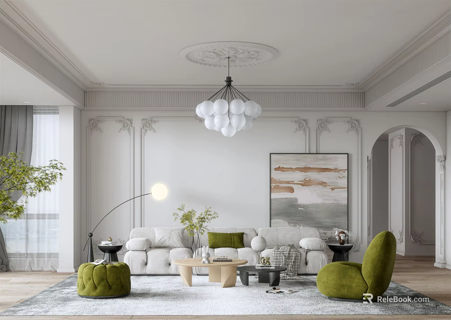 Modern Luxury Living Room Interior With Elegant Sofa Chandelier Coffee Table And Area Rug 3d model 