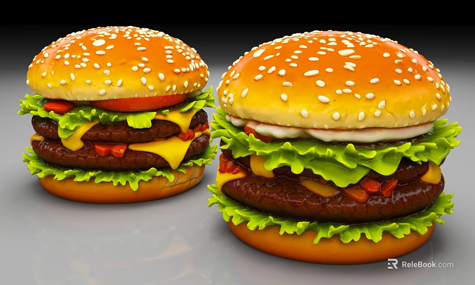 Delicious Juicy Hamburgers With Sesame Seed Buns Fresh Lettuce Ripe Tomatoes And Melty Cheese 3d model 