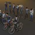 Group of People in Diverse Daily Activities With Umbrellas Phones and Bicycles