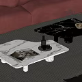 Black And White Marble Coffee Table With Small Plant Bowl Magazines By Brown Sofa