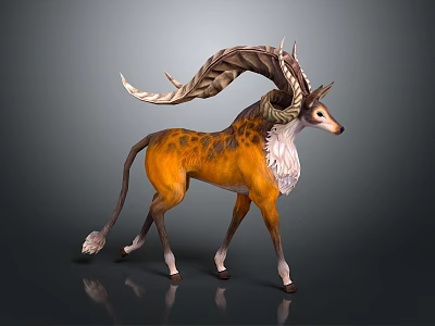 Mythical Fantasy Creature With Large Curved Horns Orange Spotted Fur And White Underbelly 3d model