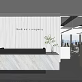 Modern Public Office Space with Marble Reception Desk Company Sign and Open Layout