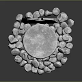 Gray Stone Sculptural Structure With Central Hole Circular Disk And Surrounding Pebbles