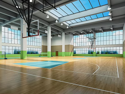 Modern Basketball Gymnasium With High Ceiling Large Windows Basketball Hoops Wooden Floor And Glass Skylights 3d model