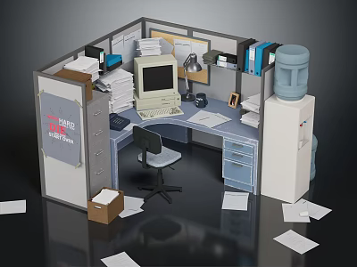 Office Desk in Office Cubicle with Old Fashioned Computer Papers Desk Lamp and Water Dispenser 3d model