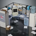 Office Desk in Office Cubicle with Old Fashioned Computer Papers Desk Lamp and Water Dispenser