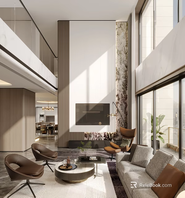 Modern Loft Living Room Interior With Big Windows And Comfortable Seating 3d model