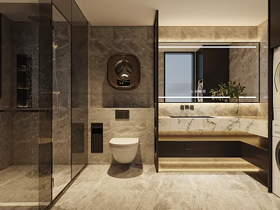 Modern Luxury Bathroom With Marble Tiles Smart Fixtures Glass Shower And Stylish Vanity Cabinet 3d model