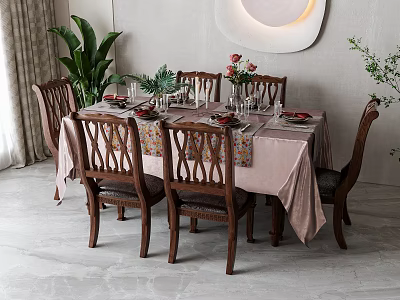 Elegant Dining Table Set With Wooden Chairs Pink Tablecloth And Flower Arrangement 3d model