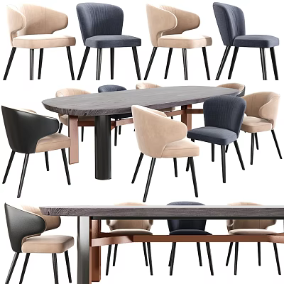 Modern Rectangular Dining Table Set With Beige Grey Black Chairs and Wooden Tabletop 3d model
